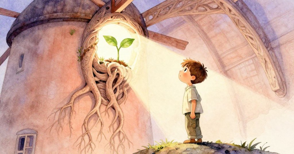 布雷克仰望著高處木板上刻有交錯樹根及幼小樹苗的細緻紋路,陽光透過縫隙照射下,臉上滿是驚奇與沉思。