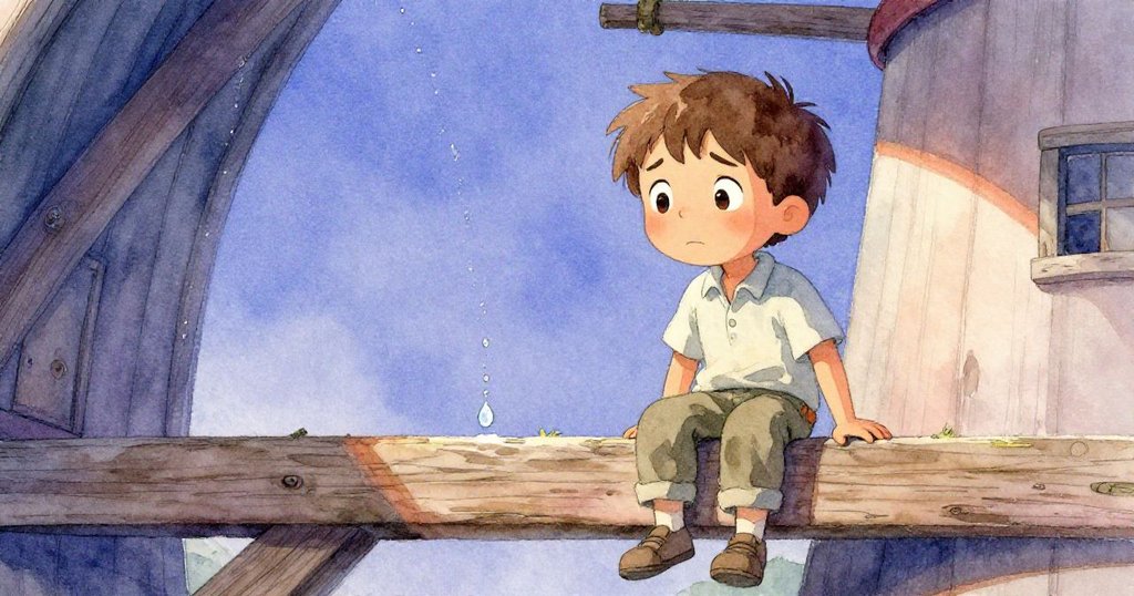 布雷克站在木梁上凝視著沿著溝痕移動的一滴水,表情緊張又充滿期待,呈現內部水車慢動作的瞬間。