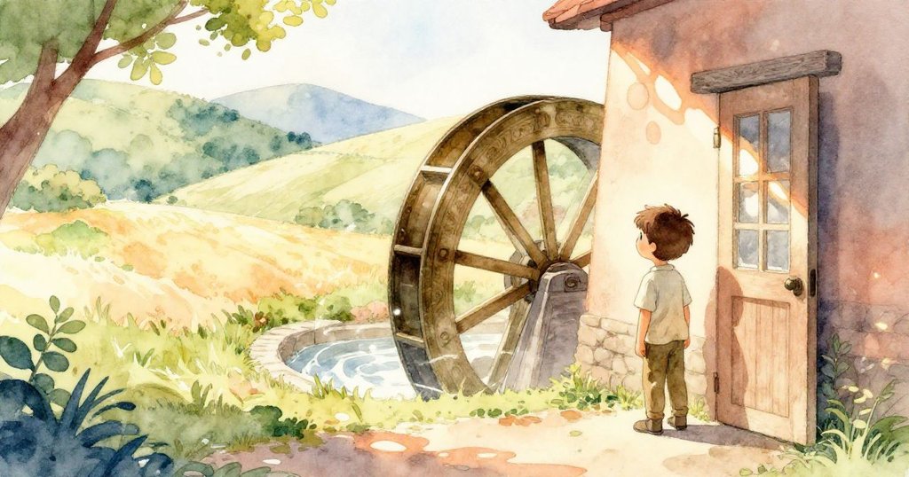 布雷克站在水車間門口回望內部的旋轉水輪與精緻樹根刻紋,外面陽光普照麥田和暖風吹拂,心中充滿堅定與平靜。