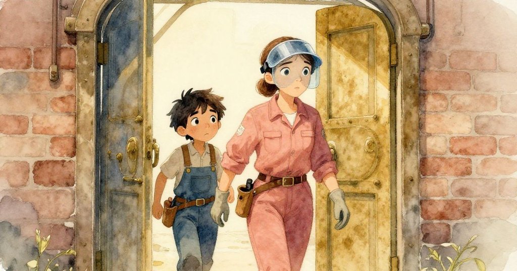 Maeve帶著堅定神情走出工廠大門，Jasper緊隨其後，背景是古銅色工業風格的入口，呈現開頭探索氛圍