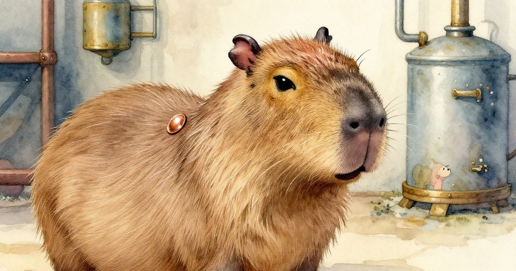 Capybara在工業背景中慢步，身上濕潤毛皮上閃爍著歷史感十足的銅針，展示關鍵線索的發現過程