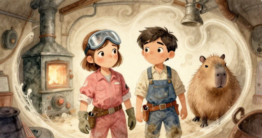 在扭曲的爐房中，Maeve與Jasper在變幻光影中探索，旁邊的Capybara悠然徘徊，彷彿進入超現實世界的中段