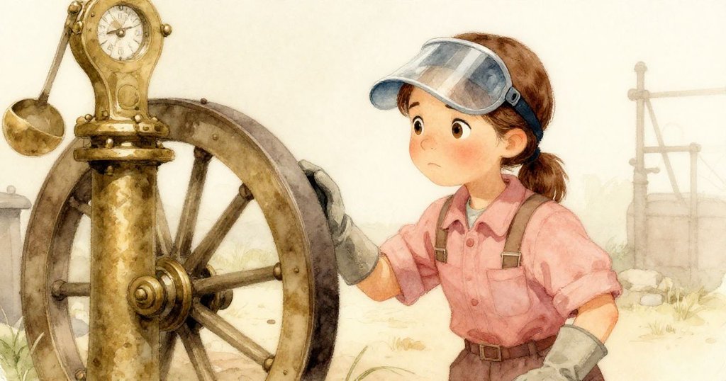 回憶中的Maeve望向老舊機械，泵輪與長柄勺在柔和的褐色光影下呈現出懷舊氛圍，表現中段的回憶與反思