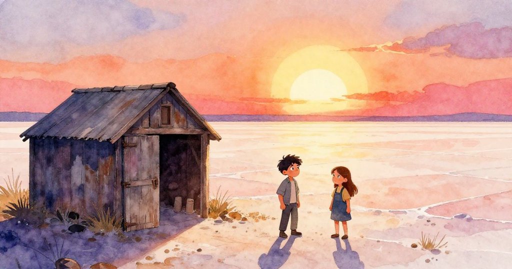 喬爾在工具棚陰影下好奇觀察，比婭在閃亮鹽漬池中耙地，廣闊鹽田映襯下充滿期待與溫暖的情感。