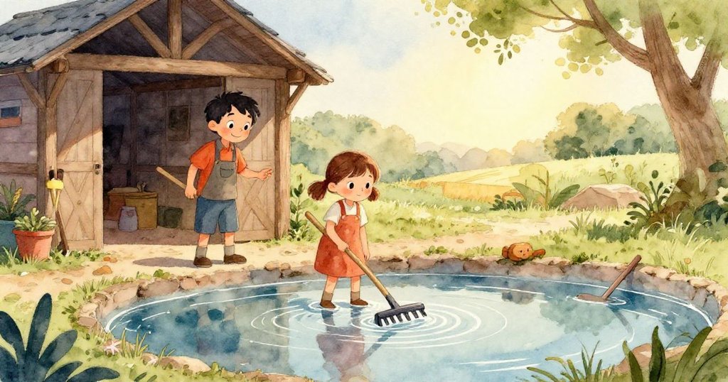 比婭的手輕握老舊耙子，旁邊顯露著點綴著紅線的脆弱鹽脊，細節對比強烈，充滿溫柔與驚奇。