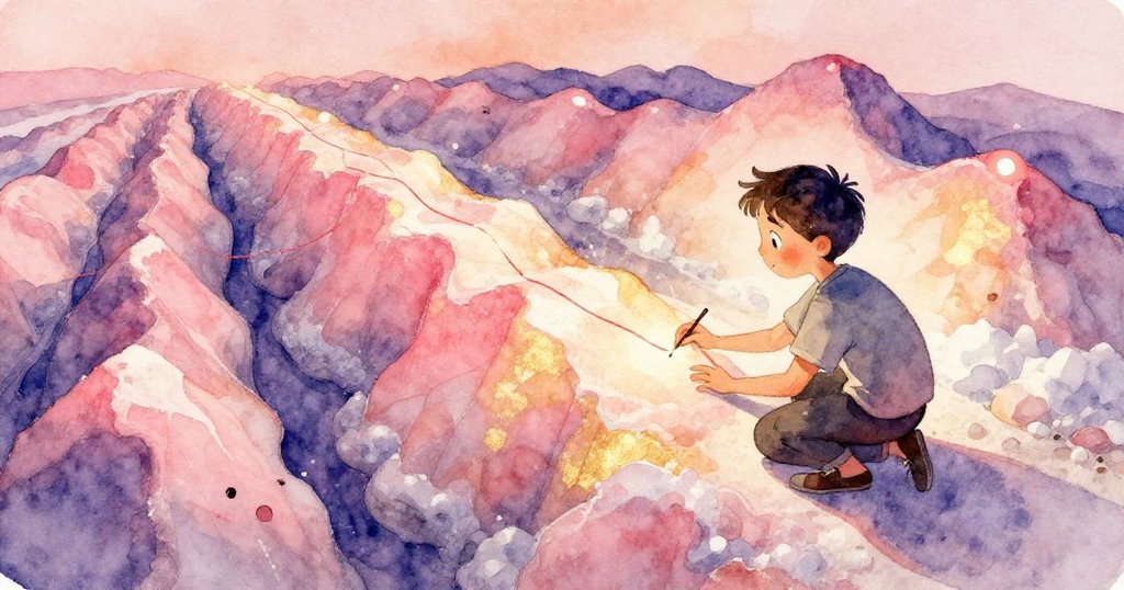 喬爾蹲下仔細觸摸鹽脊上微妙紅線，畫面扭曲呈魚眼效果，突顯出鹽晶紋理的神秘與奇幻。