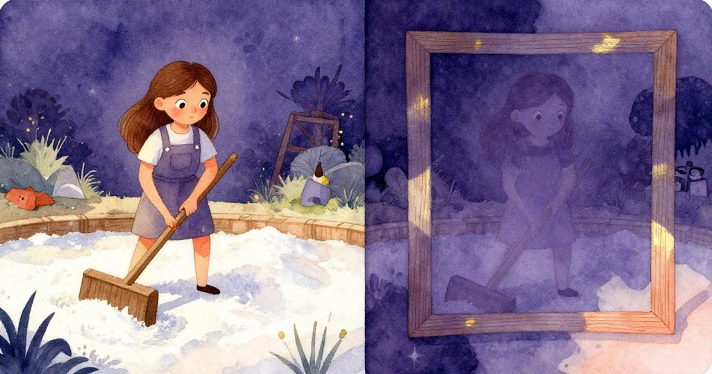 比婭專注於耙地，背景中隱約顯現出木框架的記憶，現實與回憶交織，形成時間的對比感。