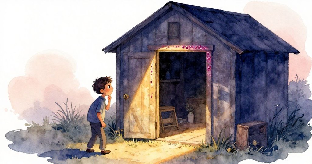 喬爾緩步走向工具棚，門框上點綴著石榴石般微光，夕陽下氛圍神秘，暗示著更多發現即將展開。