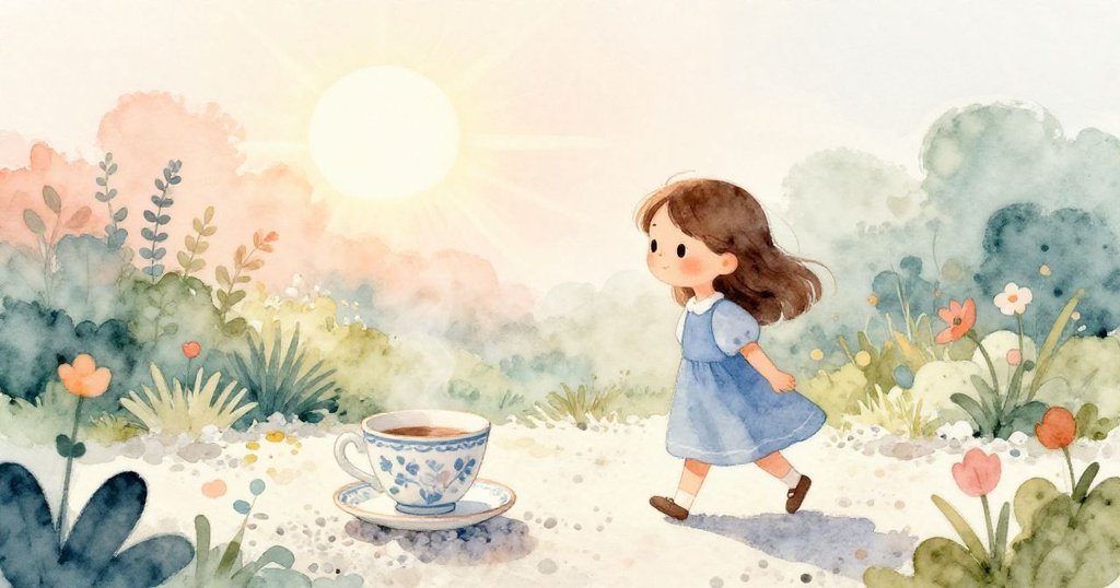 小女孩諾拉在晨曦中走向花園,藍色洋裝輕揚,她正靠近散落在白色碎石上的瓷杯,展現期待與柔和晨光。