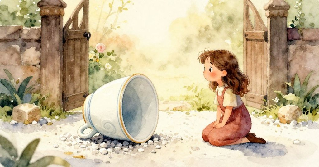 小女孩諾拉靠近瓷杯,面容流露好奇與關切,背景中可見瓷杯及碎石上細緻的漩渦,展現深思時刻。
