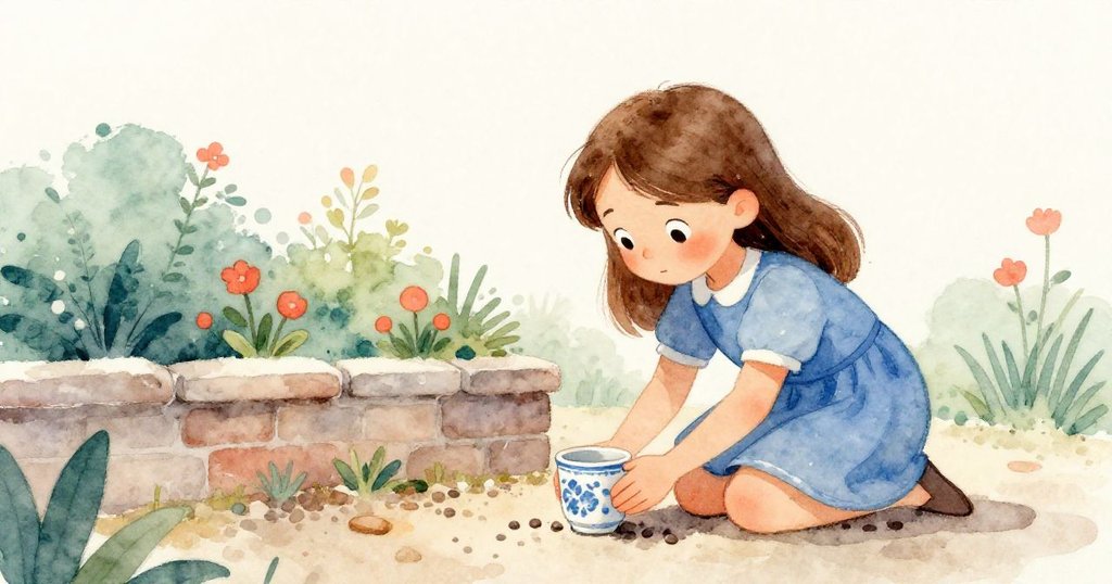 小女孩諾拉跪於低牆旁,用心將瓷杯豎立,溫暖光線突顯她專注動作與自然質感。