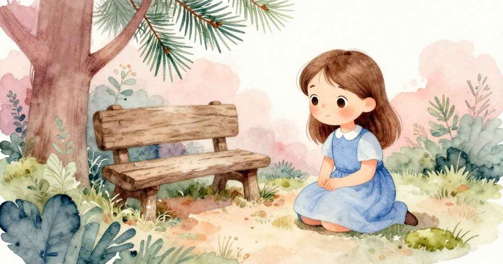 小女孩諾拉靜靜注視花園角落,旁邊覆滿苔蘚與松針,原木長椅增添自然詩意,溫柔光線營造寧靜氛圍。
