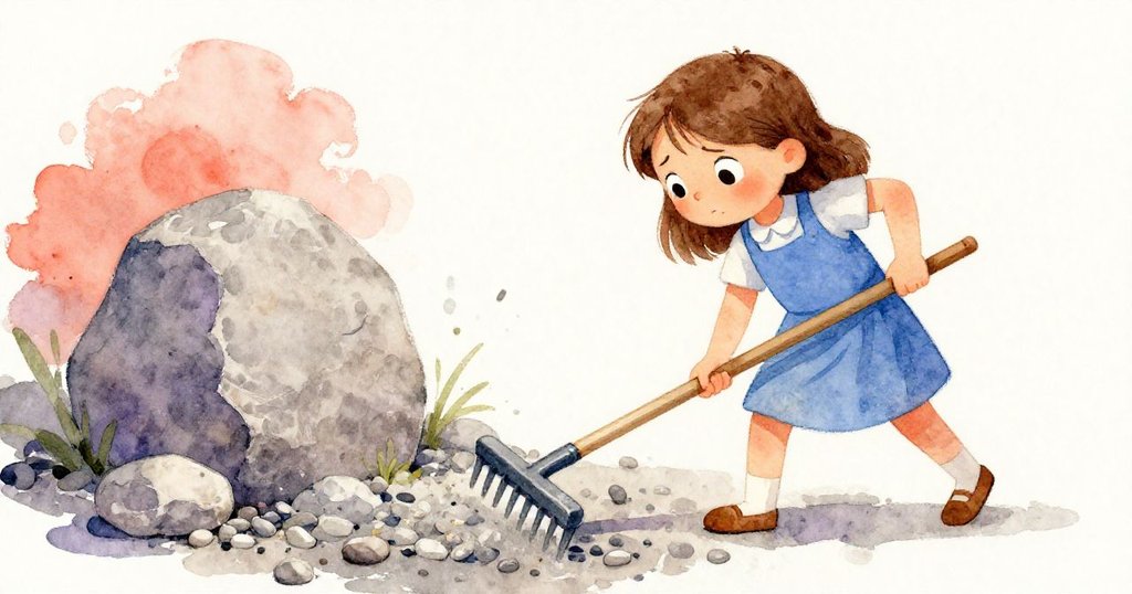 小女孩諾拉手握耙子,正聚精會神調整中央石旁凹陷處的碎石,神情專注,展現瞬間緊張與細膩動作。
