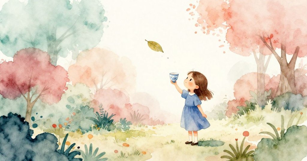 小女孩諾拉在午後微涼光線下後退欣賞恢復和諧花園,正立瓷杯反射光芒,一片樹葉靜靜落地,展現靜謐勝利。