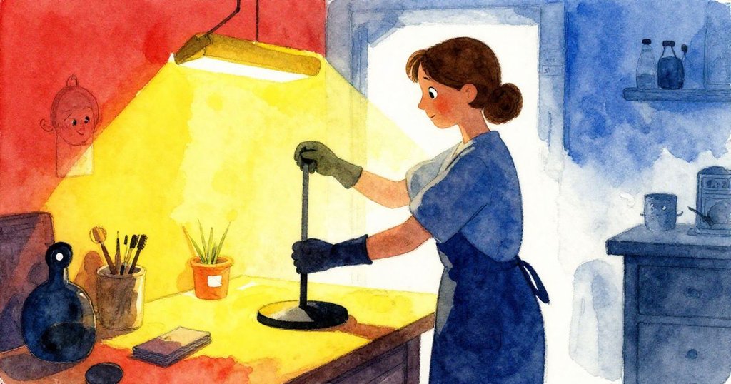 Opal在明亮的工作間中保持轉台穩定,身影與光線交錯,展現專注與暖意的開始。