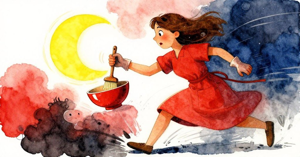 Opal迅速揮動畫筆處理新現氣泡,動感中展現急切與堅定,畫面充滿動作與情緒高潮。