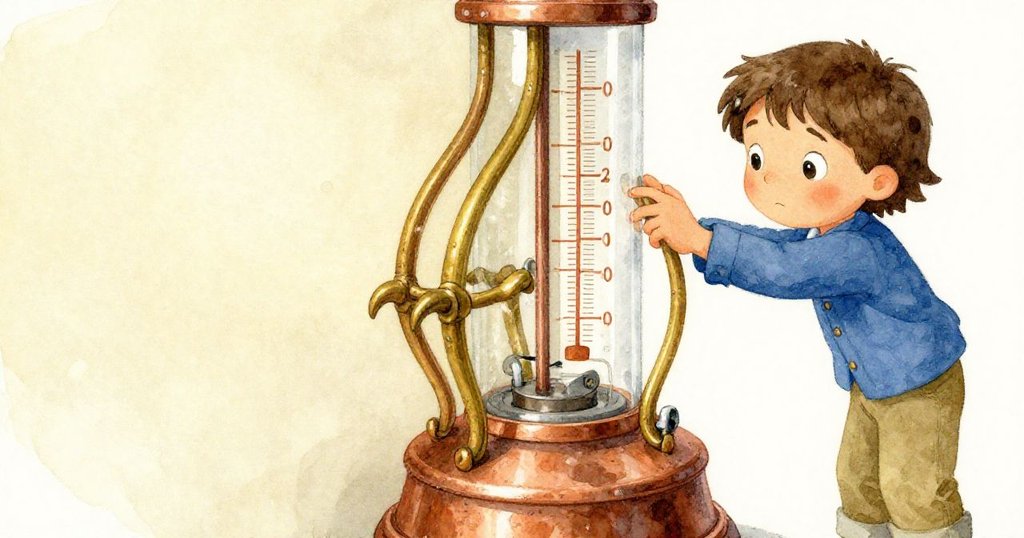 法伊細心檢查雨量計內部暗藏的黃銅爪子,動作輕柔且滿懷驚奇,細節突顯神秘感。