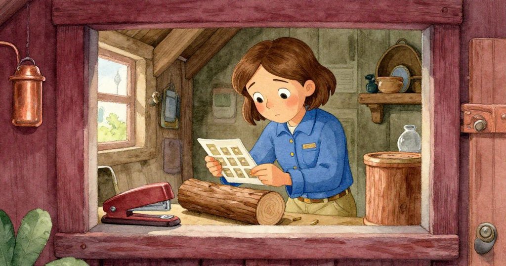 法伊在溫暖小屋內透過窗邊認真檢視記錄冊和打孔卡,動作流露專注與思考,情景內斂而溫馨。