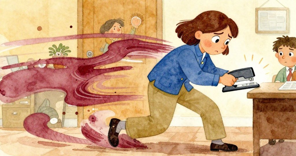 法伊果斷按下釘書機,印刻打孔卡的瞬間動作鮮明,室內工具細節豐富,氣氛充滿活力。