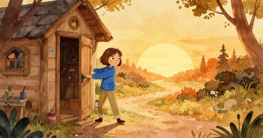 法伊穩健走出小屋,輕關木門,晨光拉長陰影見證完成早晨儀式,邁向新一天充滿決心。