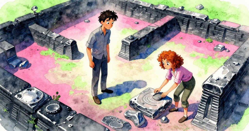 瑞德站在岩石挖掘場上方遠眺，黛恩在下面細心刷著石頭，場景寬闊溫暖，充滿探索與期待情緒