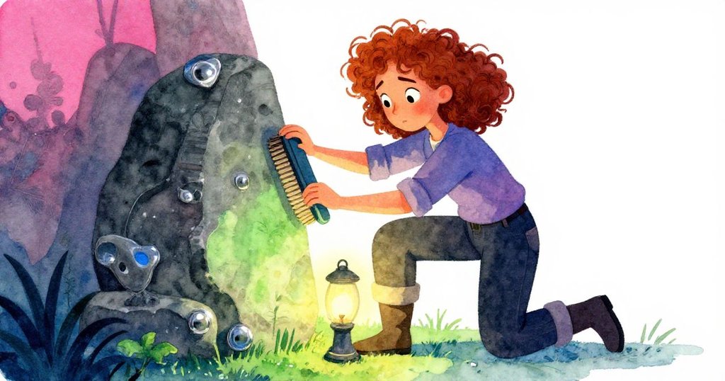 黛恩專注輕刷古石，便攜燈散發柔光突顯石紋，畫面留有大量空白展現細膩動作與神秘古意