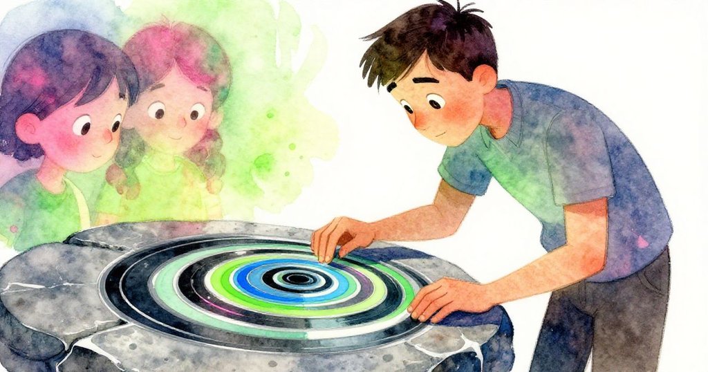 瑞德凝神細看石面上同心環，反射出他堅定的神情，場景細節豐富燈光柔和，充滿發現之美