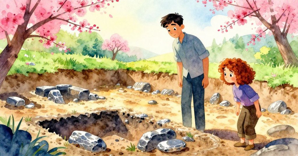 瑞德和黛恩在春日暖光下探索古石層，石面顯現赭石與灰黑混合紋理，背景散發自然蘇醒氣息