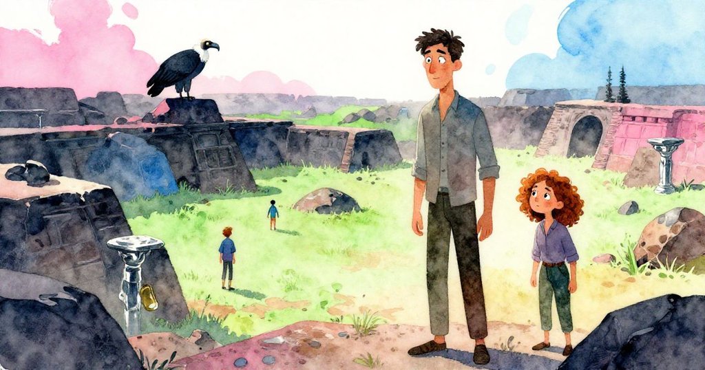 遠景中瑞德與黛恩在廣闊古跡中顯得渺小，頭頂兀鶹靜臥，整體景象充滿雄偉與探索奧秘之美