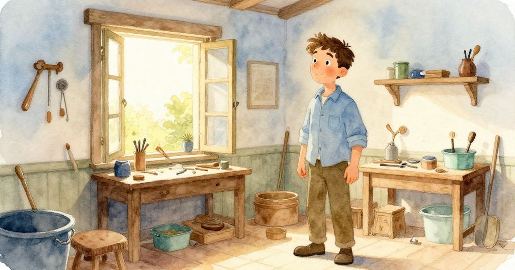 在溫暖的工作室中,Zane站於窗前,柔和光線灑落,木箱旁表情平靜,透露故事開始的期待。