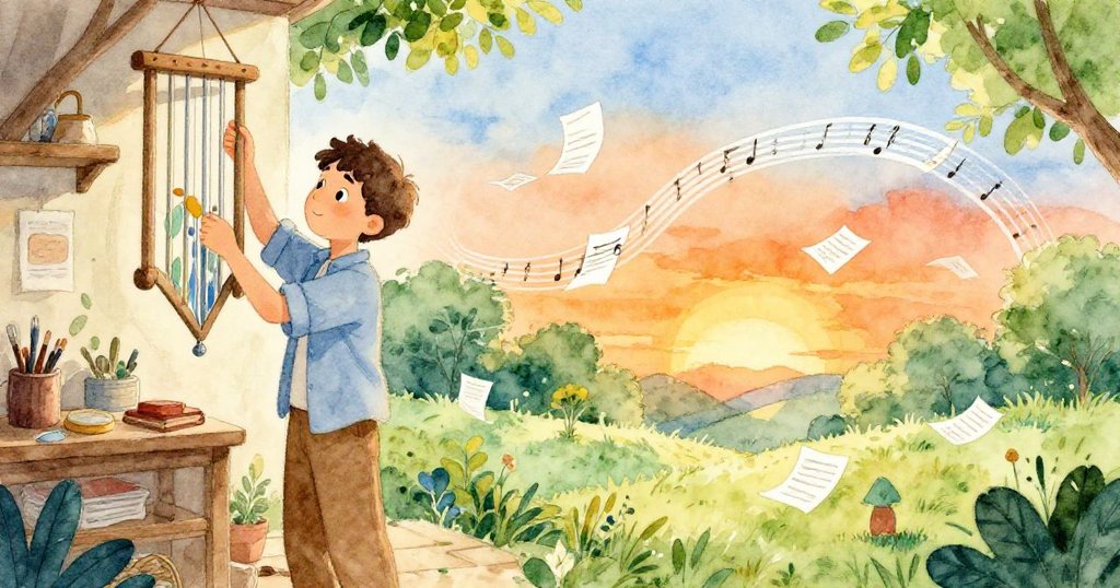 Zane於工作間內精修風琴,鏡中兩個世界並存,一面現實、一面幻想音符飄舞,展現技藝與自然的夢幻融合。