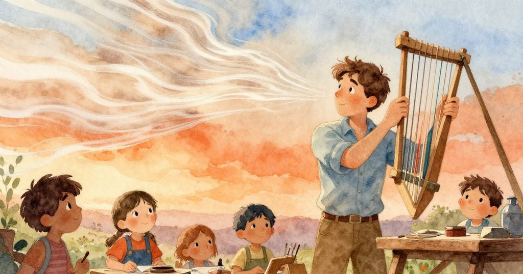 Zane面對迎面強風,堅定調整琴枕,動作果斷,夕陽餘暉映照下展現迎難而上的決心。