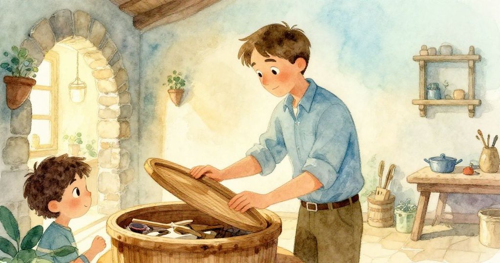 Zane最後輕閉雪松盒,工作室與石牆走廊相輝映,溫馨平靜中流露出任務圓滿完成的柔和滿足感。