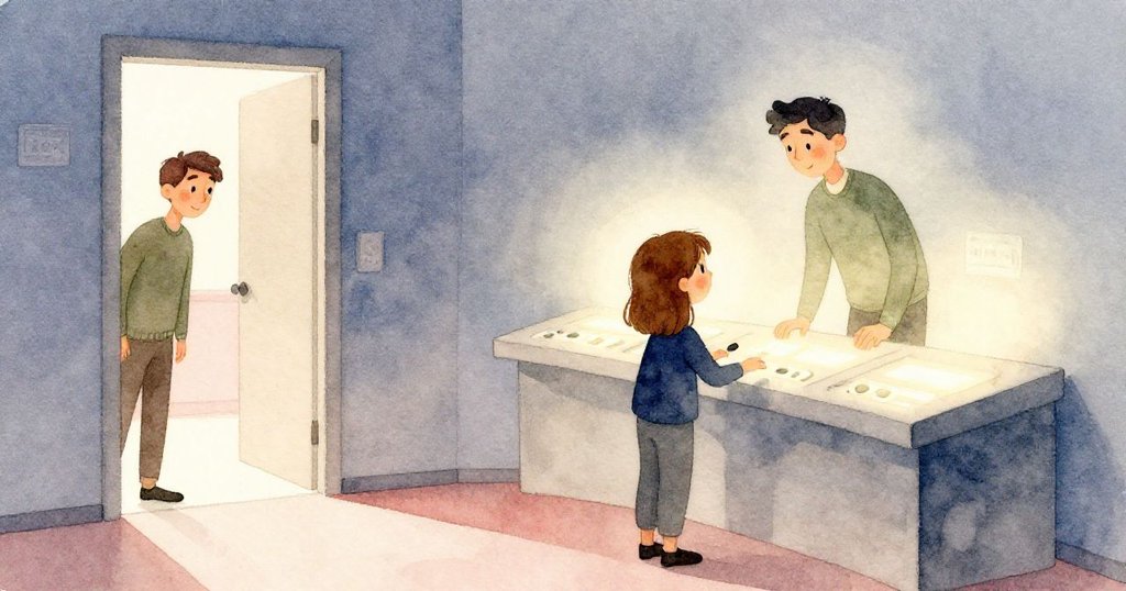 在柔和藍光映照下，Zara操控操縱桿，身影明顯，Luca於門口靜靜守候，背景為科技感滿滿的控制室。