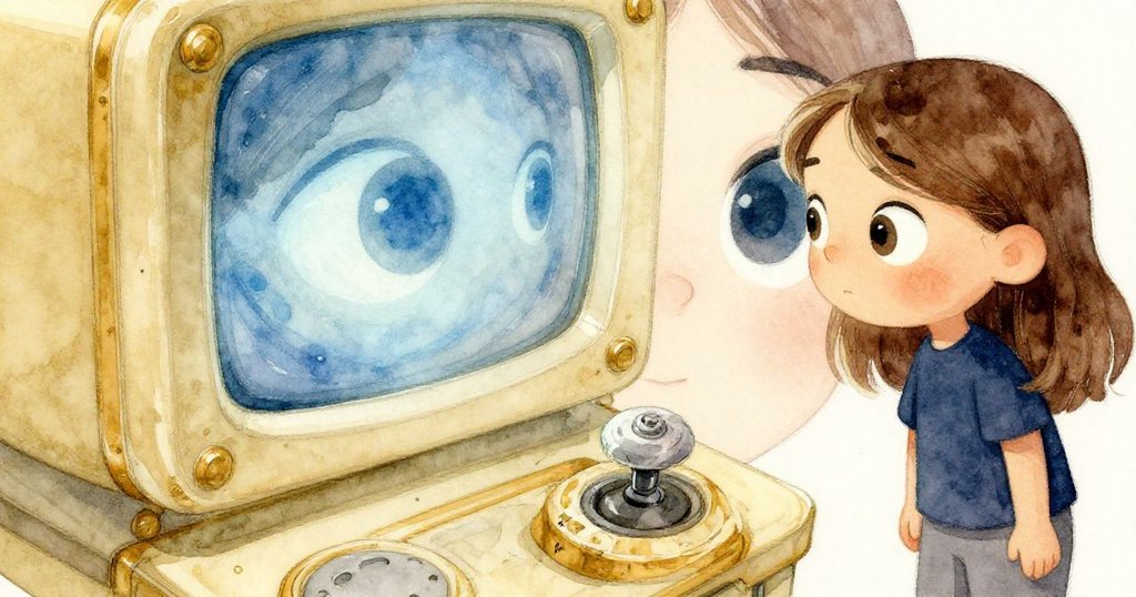 Zara凝視發亮藍光的螢幕，眼中帶著堅定與一絲憂慮，細看操縱桿上刻痕的細節，情感豐富。