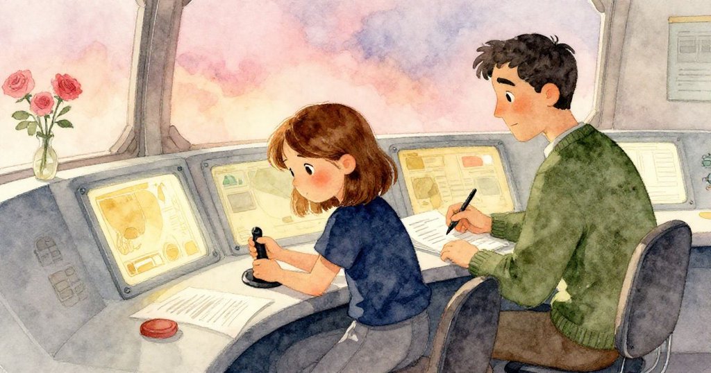 在控制室內，隨光線從晨曦轉為夕影，Zara操作操縱桿，Luca手持筆記本記錄，場景顯示時間流逝與情感變化。