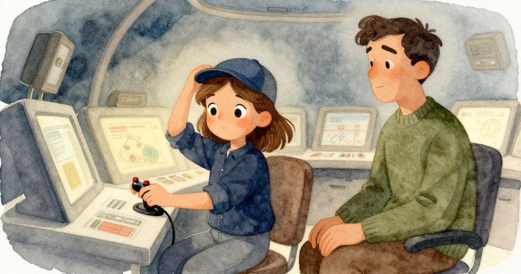 Zara操作操縱桿、緊固部件，神情堅定，Luca靜靜陪伴，控制室燈光溫暖，意味著新冒險的開始。