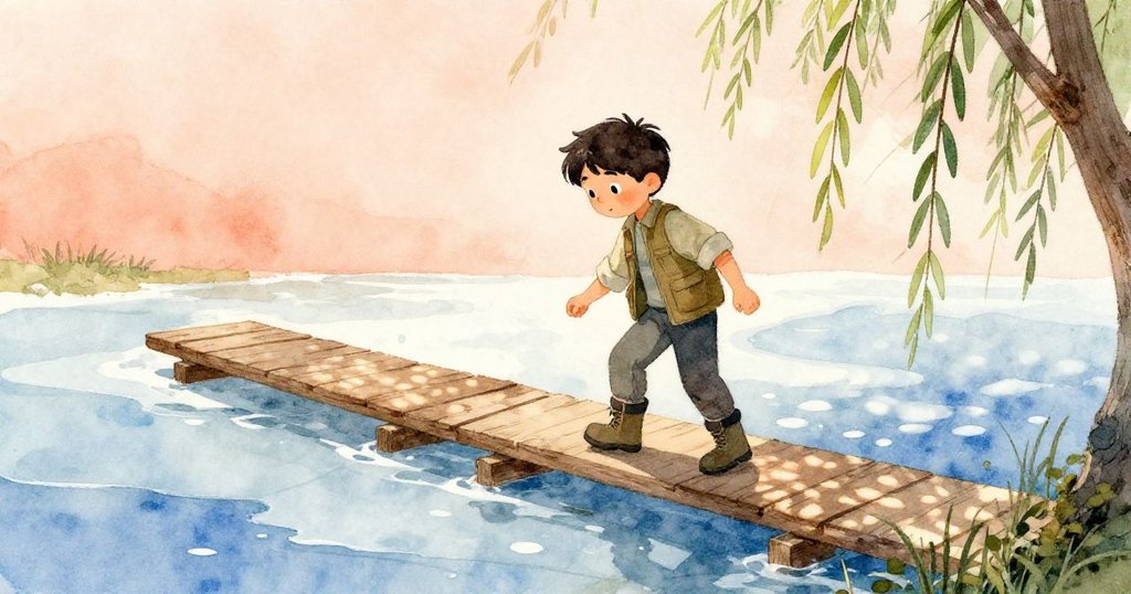 Cruz在解凍池塘邊的木板上小心前行,冰塊融化和柳樹根間隱約露出破舊鐵盒,表情平靜而期待。