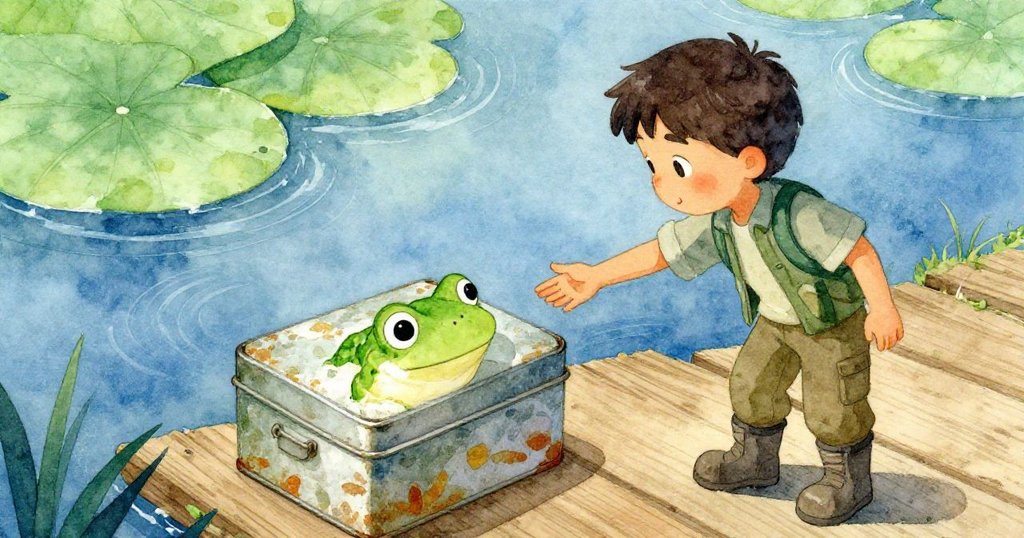 以低角度視角呈現,Cruz伸手觸摸老舊鐵盒,水面掀起漣漪,呈現翠綠與陰影藍的奇幻景象。