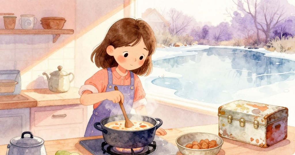 在柔和記憶色調中,June於溫暖廚房中攪拌香濃湯品,背景隱現池塘與舊鐵盒交織印象,充滿回憶。