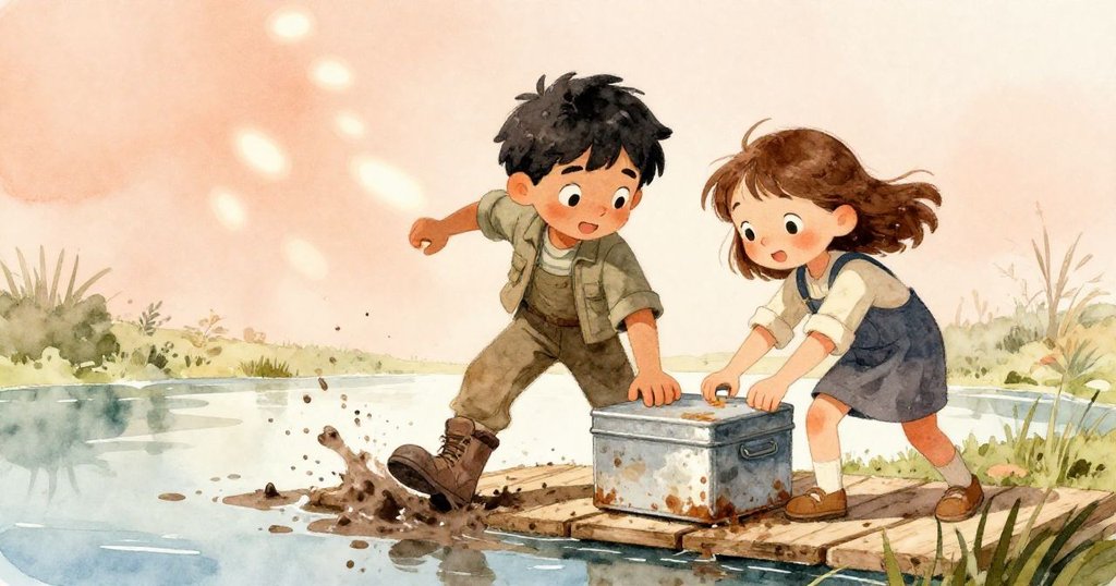 Cruz與June在木板上合力撬起老舊鐵盒,泥濘濺起,動作生動,展現合作與激動心情。