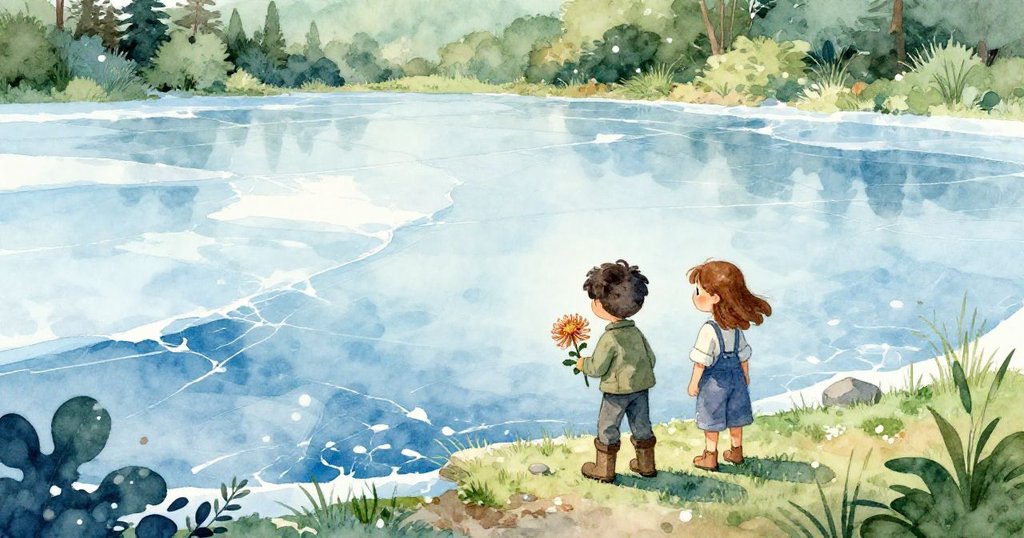 遠景展現廣闊解凍池塘,冰塊退去,Cruz與June佇立岸邊手持閃亮銅菊,自然氣息與細節完美交融。