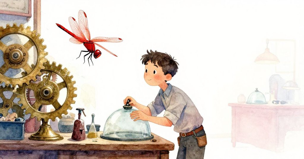 Reed專注地清潔玻璃，同時注意到懸浮在生鏽齒輪上鮮紅蜻蜓，空曠背景凸顯神秘氣氛。