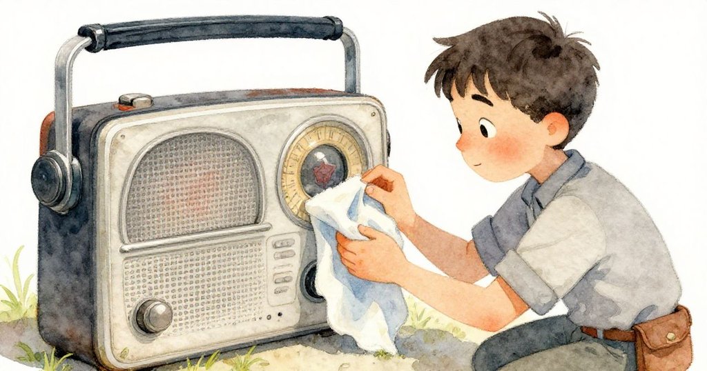 Reed細心清潔老收音機玻璃，映出隱約紅色象徵，手法細膩，臉上流露思索與驚奇。