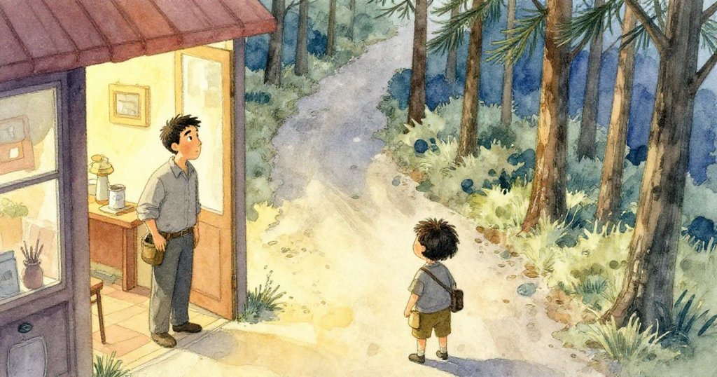 Reed走向半掩門口，從高處眺望後院山谷，松樹排列如鉛筆，神情平靜充滿期待。