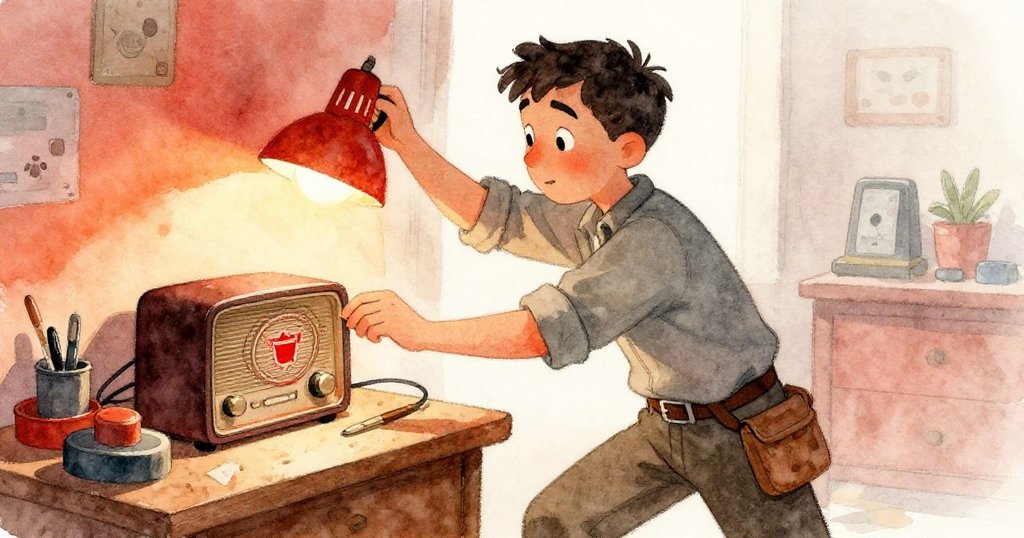 Reed迅速調整桌燈角度，燈光揭開收音機上隱藏的紅色象徵，動態畫面充滿緊迫與驚喜。