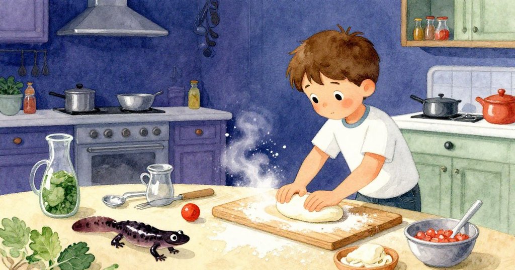 Cole在滿佈麵粉與廚房用具的溫馨廚房中忙著摺麵糰，旁邊有一隻光亮新t四處奔跑，表情專注且好奇