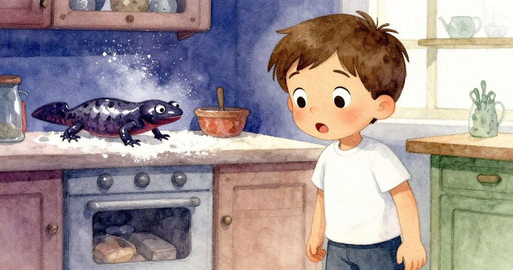 Cole面部特寫表情驚訝，眼睛睜大望向廚房中飛奔的新t，背景透出麵粉飄渺和溫馨氣氛