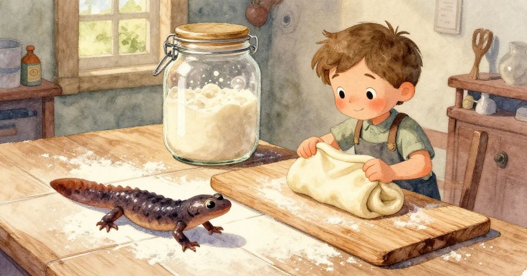 Cole手部特寫動作呈現摺麵糰過程，麵糰上氣泡明顯，旁邊隱約可見微光的發酵罐，視角傾斜充滿活力