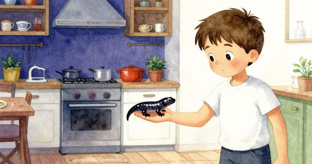 Cole伸開手心等待，新t慢慢爬上手臂，眼中透露著期待與謹慎，廚房背景細節豐富